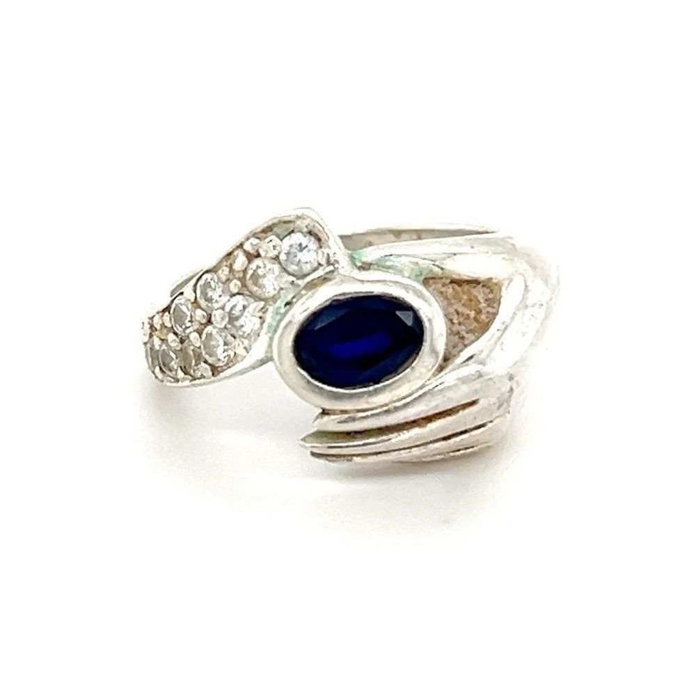 Sterling Silver 925 Handheld‎ Sapphire/Cz Ring